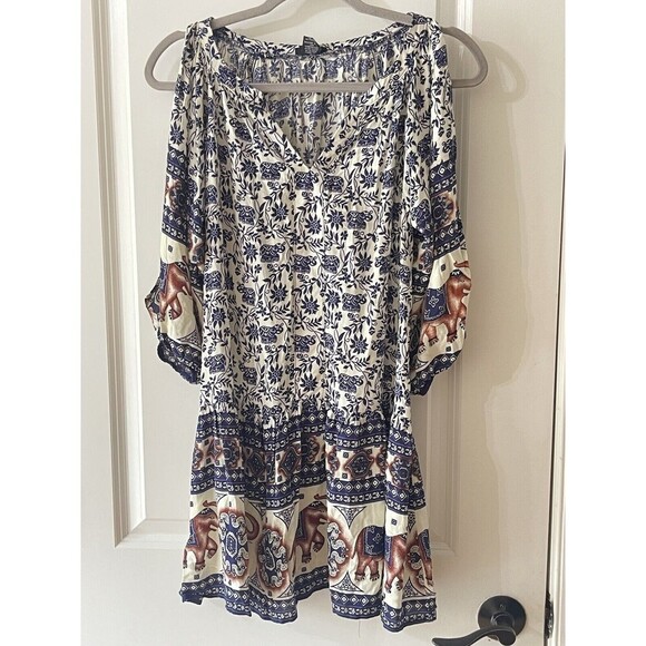 Rhapsody Women’s Size XS Navy Elephant Print Cold Shoulder Dress Boho - Picture 2 of 8